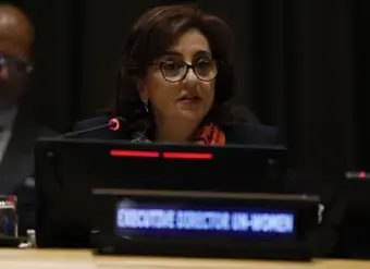 UN Women Executive Director Sima Bahous delivers remarks at the official United Nations commemoration of the International Day for the Elimination of Violence against Women, 25 November 2025, UN Headquarters. Photo: UN Women/Ryan Brown.
