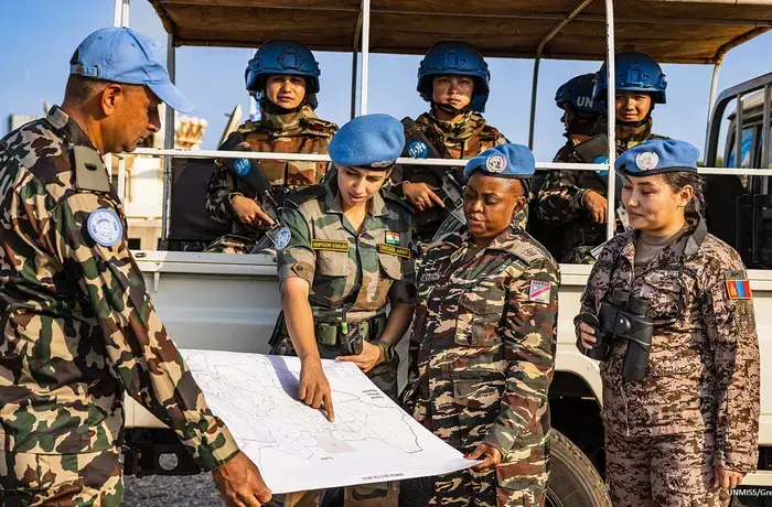 UNMISS peacekeepers from Mongolia, India, and Namibia, respectively, photographed at mission headquarters in Juba, South Sudan. Photo: UNMISS/Gregorio Cunha.